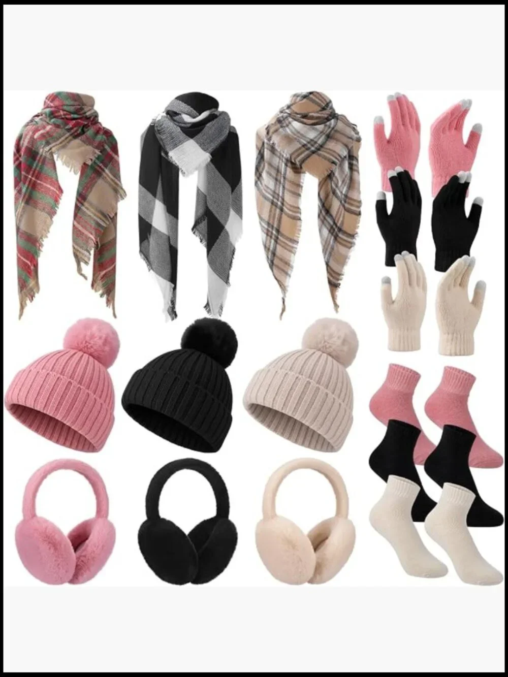 Winter Beanie Hat Scarf Gloves Ear Muffs Socks Set Knit with Pompom Touch